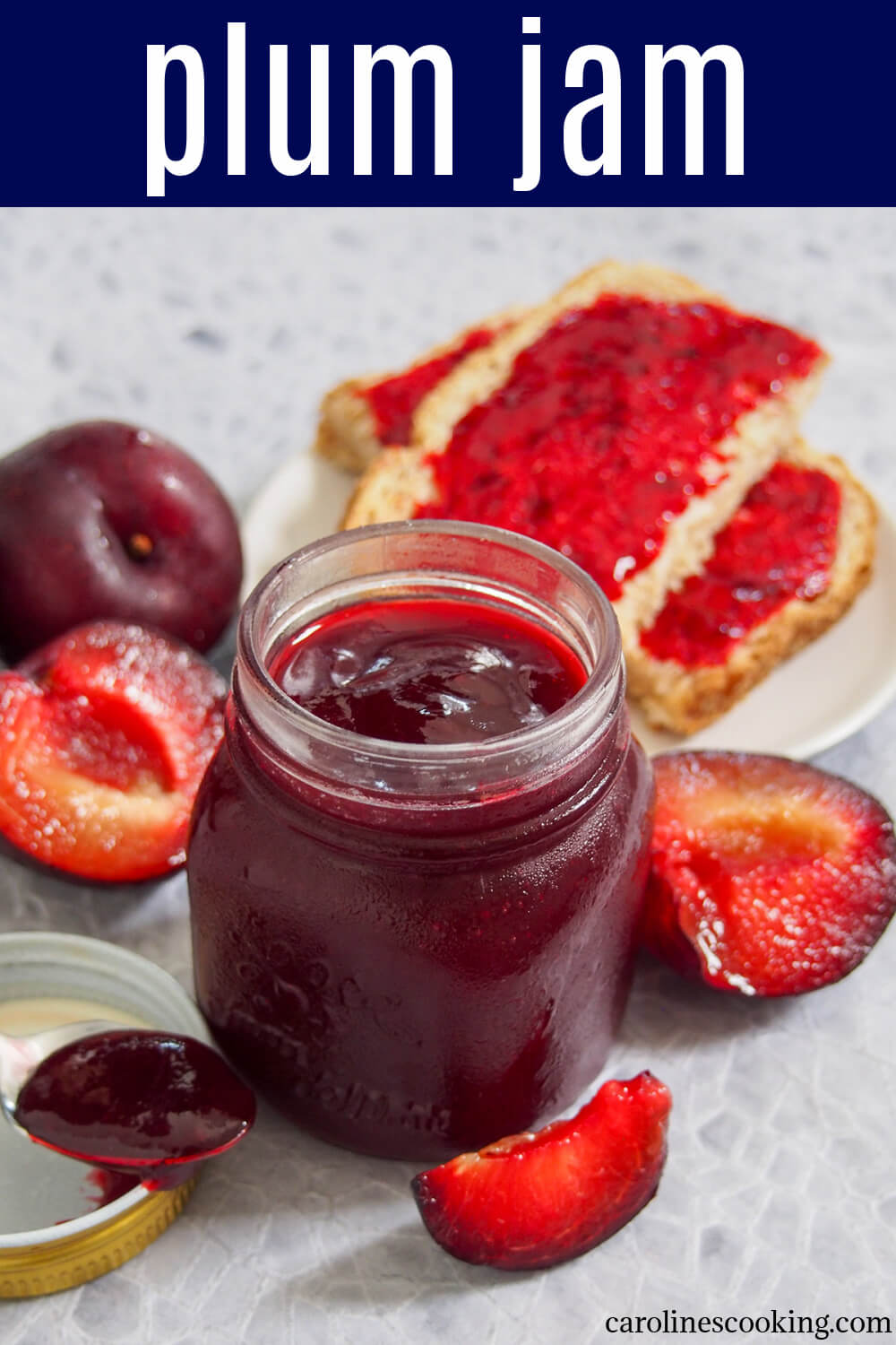 This easy plum jam has a wonderfully sweet and fruity flavor, with a touch of warm spice. It's lower on sugar but that lets the fruit flavor shine - no wonder it quickly became a family favorite. #jam #plums #homemadejam
