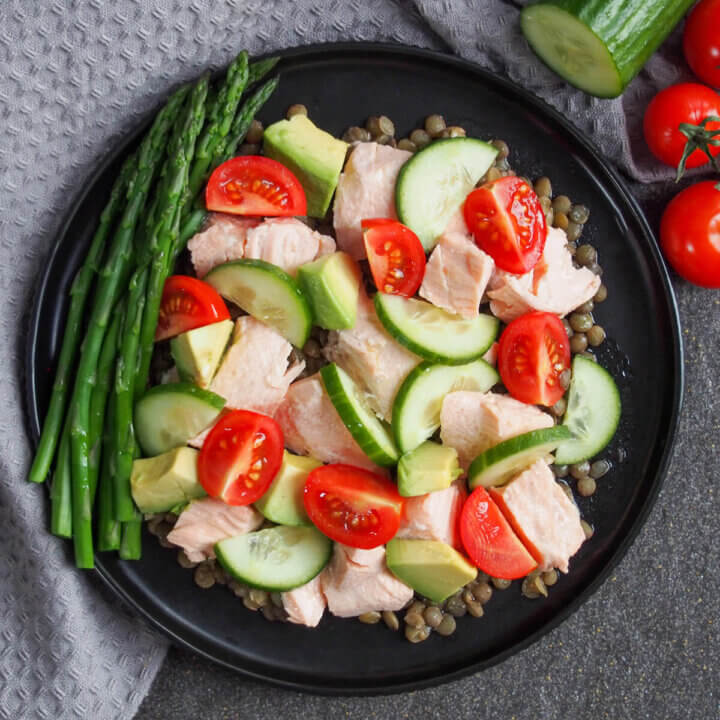plate of poached salmon salad from overhead