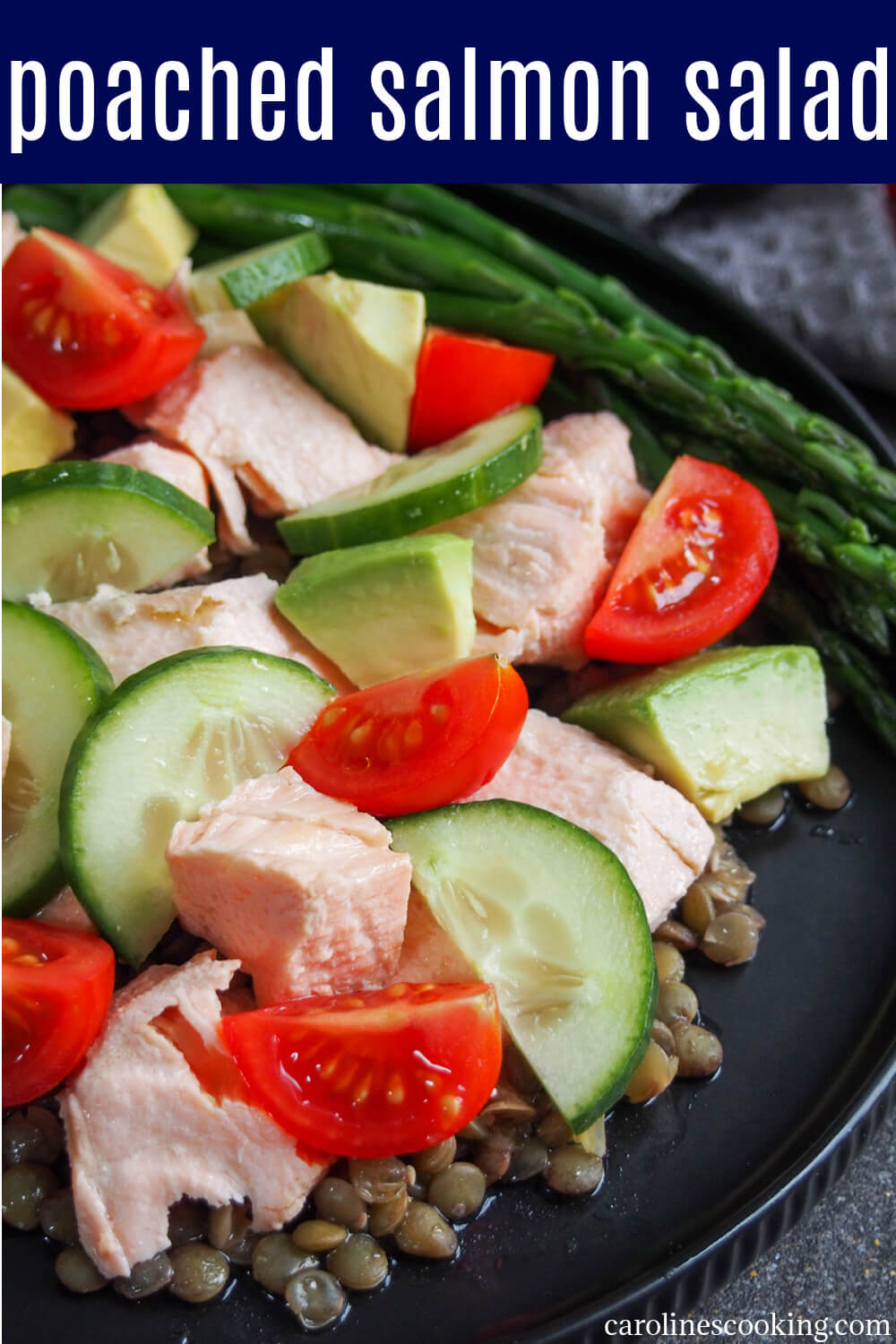 This poached salmon salad is a tasty, light and quick meal. It comes together easily, can be adapted to taste and is perfect when you want something healthier or that avoids using the oven. #poachedsalmon #lightmeal #seafoodrecipe #seafoodsalad