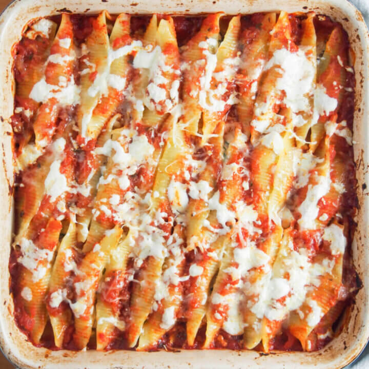 pulled pork stuffed shells in dish from overhead