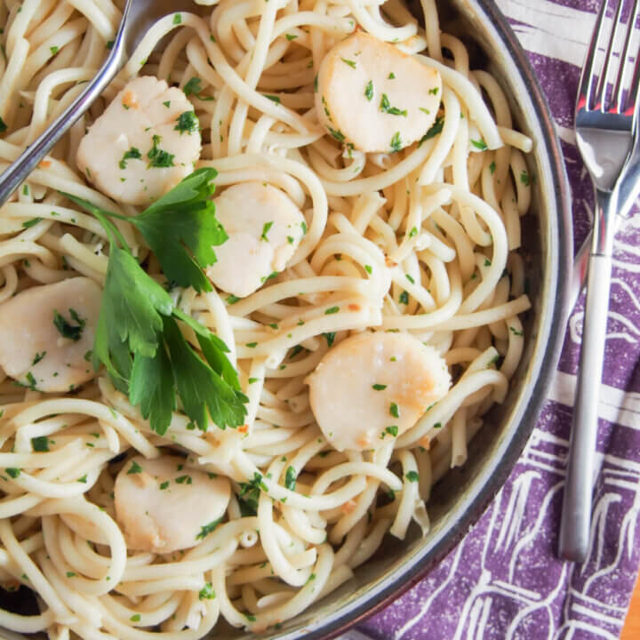pan of scallop pasta from overhead