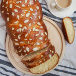 loaf of tsoureki Greek Easter bread from overhead