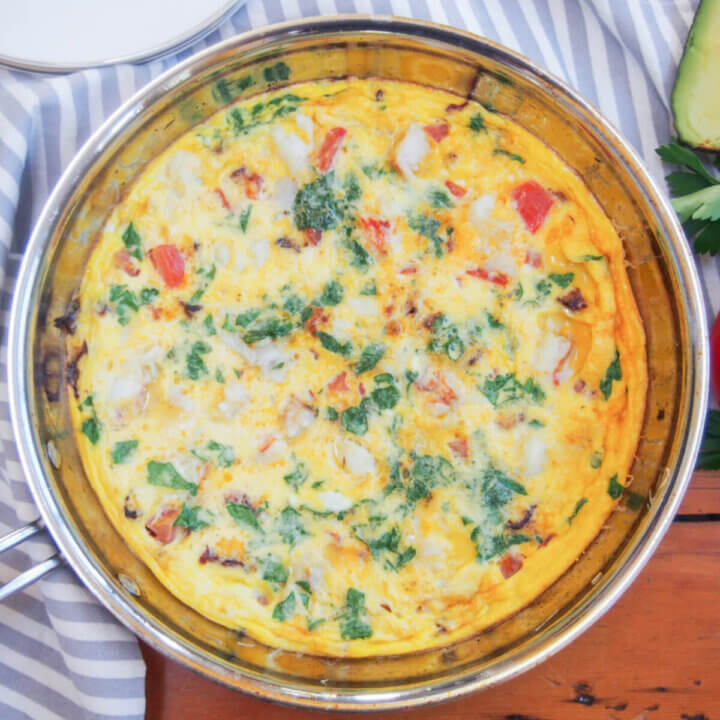 bacon lobster omelette in skillet from overhead