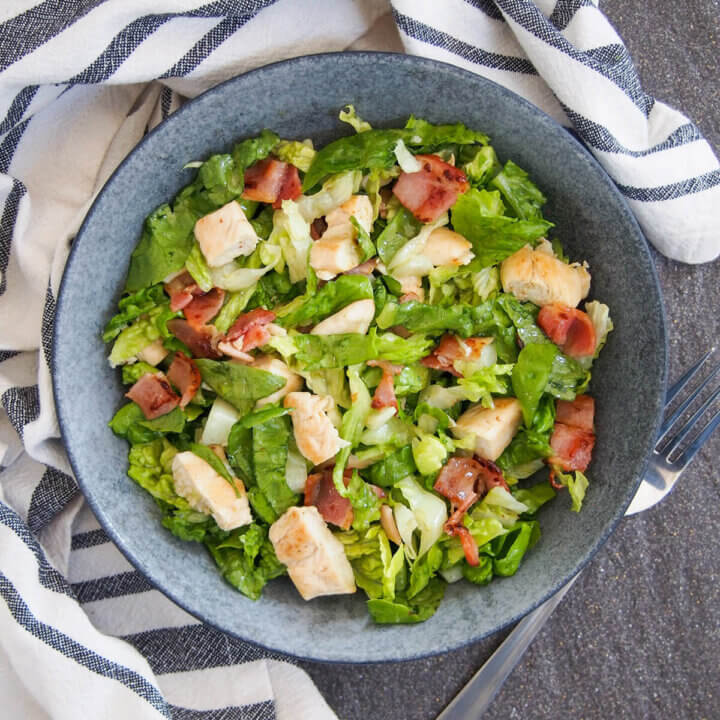 bowl of chicken and bacon salad from overhead