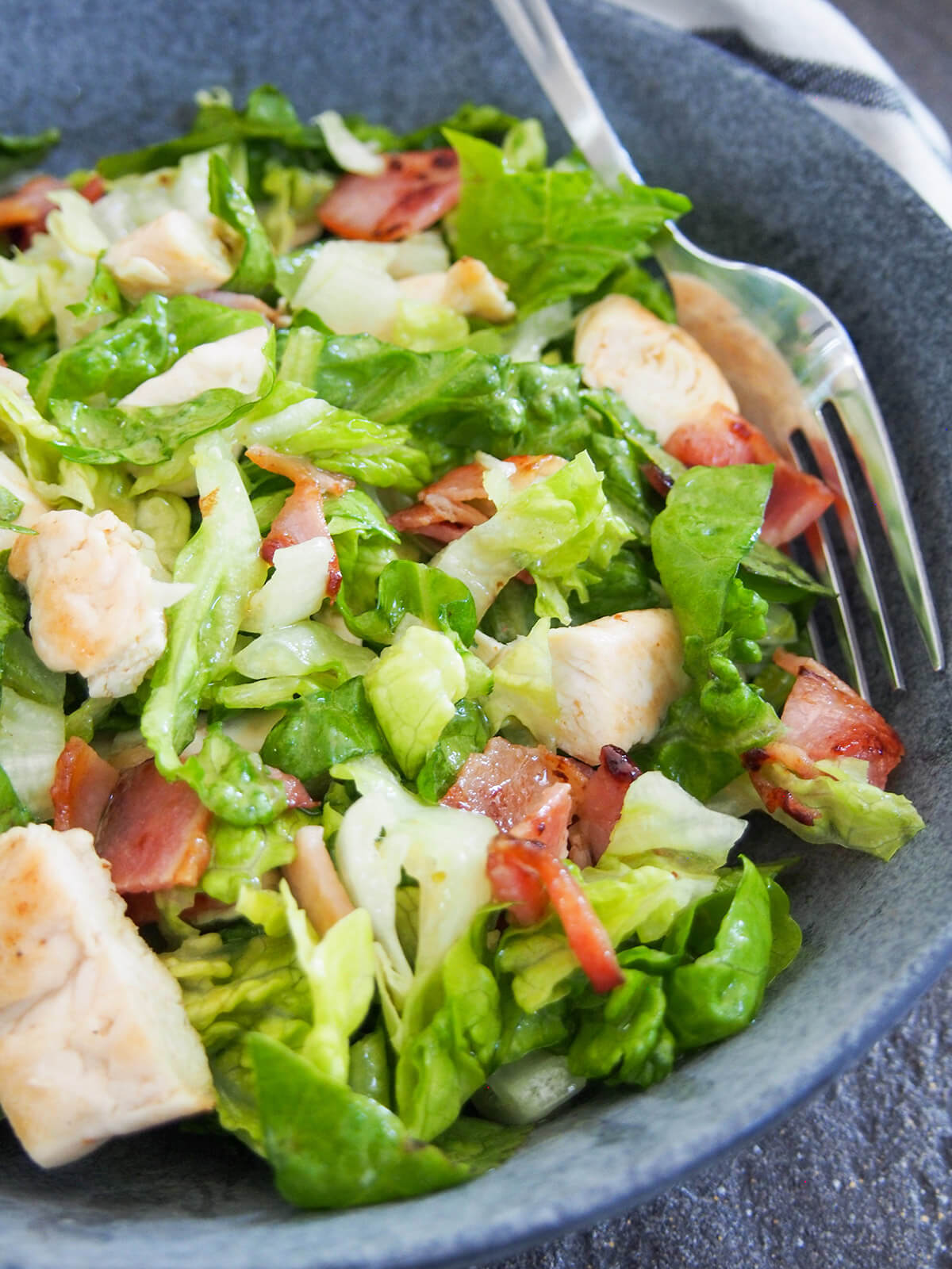 close up view of chicken and bacon salad