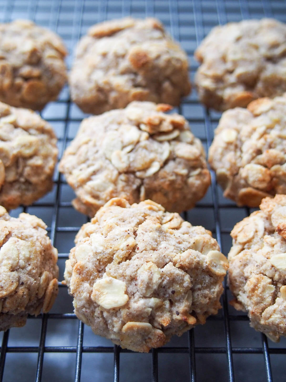 spiced maple oatmeal cookies cooling on rack cookies cooling on rack in rows