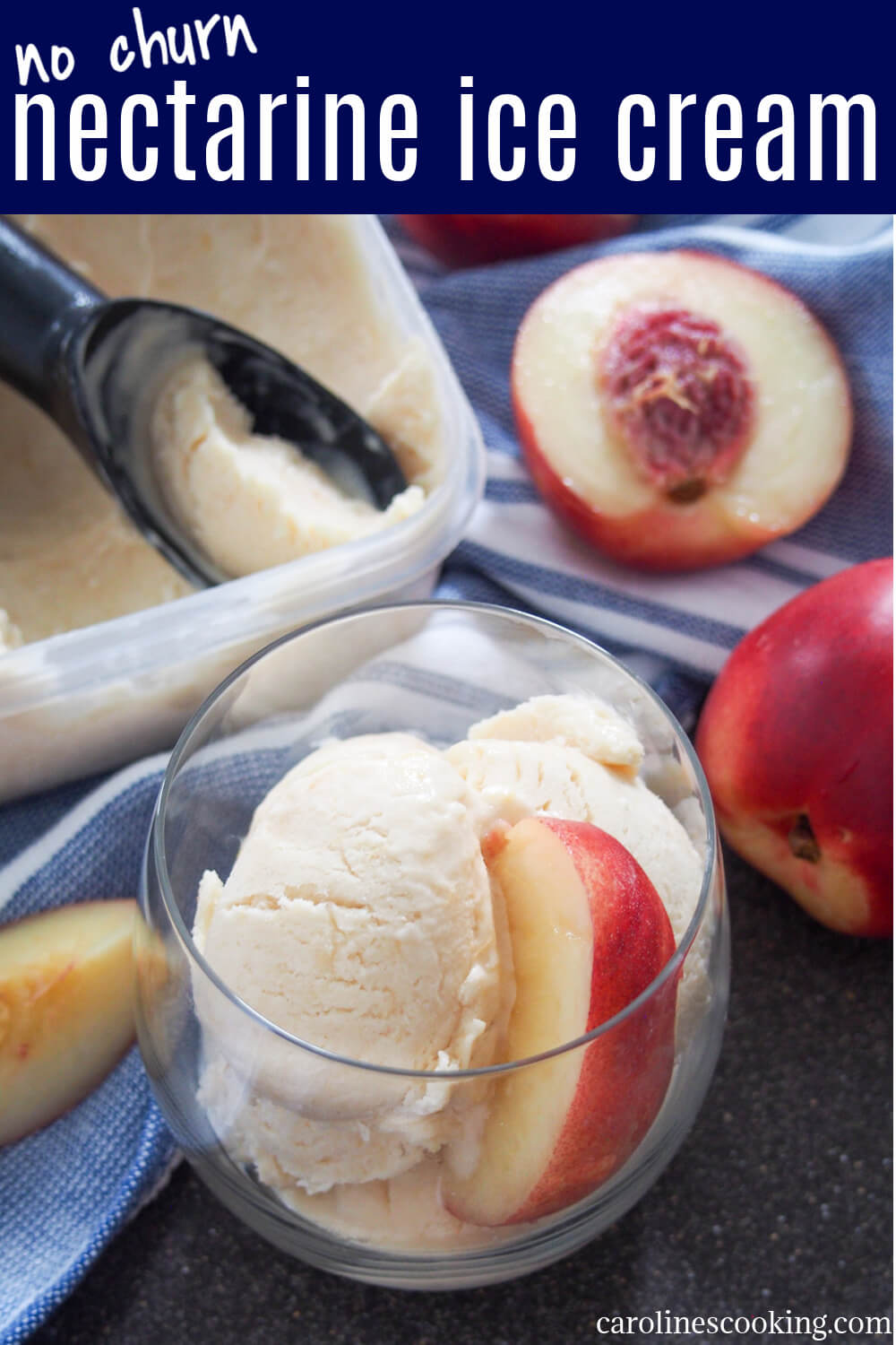 This nectarine ice cream is a tasty way to enjoy some fresh summer fruit in a cool and creamy way. There’s no need for an ice cream maker as it’s no churn, and it’s packed with flavor and easy to scoop, too. #nectarine #nochurnicecream