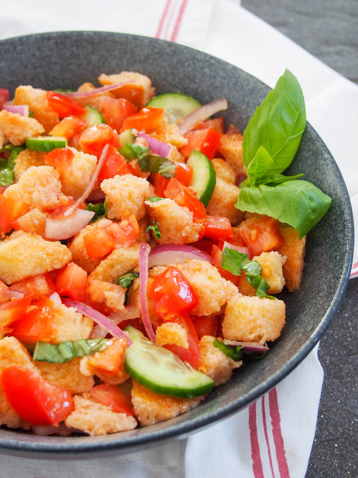 side view of part of bowl of panzanella salad