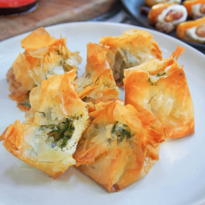some pesto goat cheese filo parcels on plate