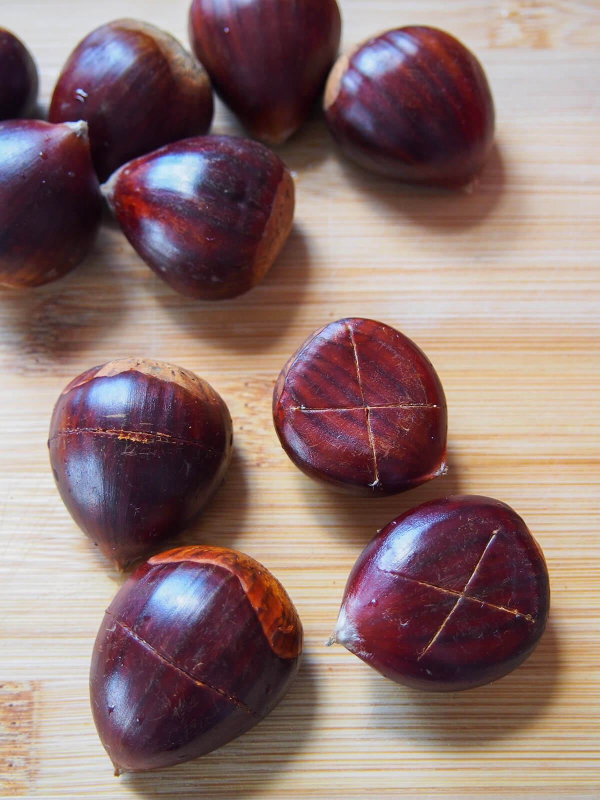 scored chestnuts with some with x score and others with line