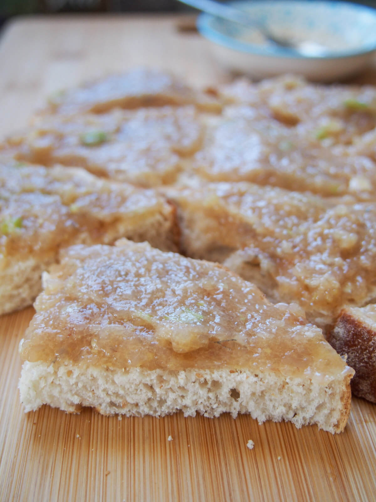 layer of shrimp paste on top of bread viewed from side
