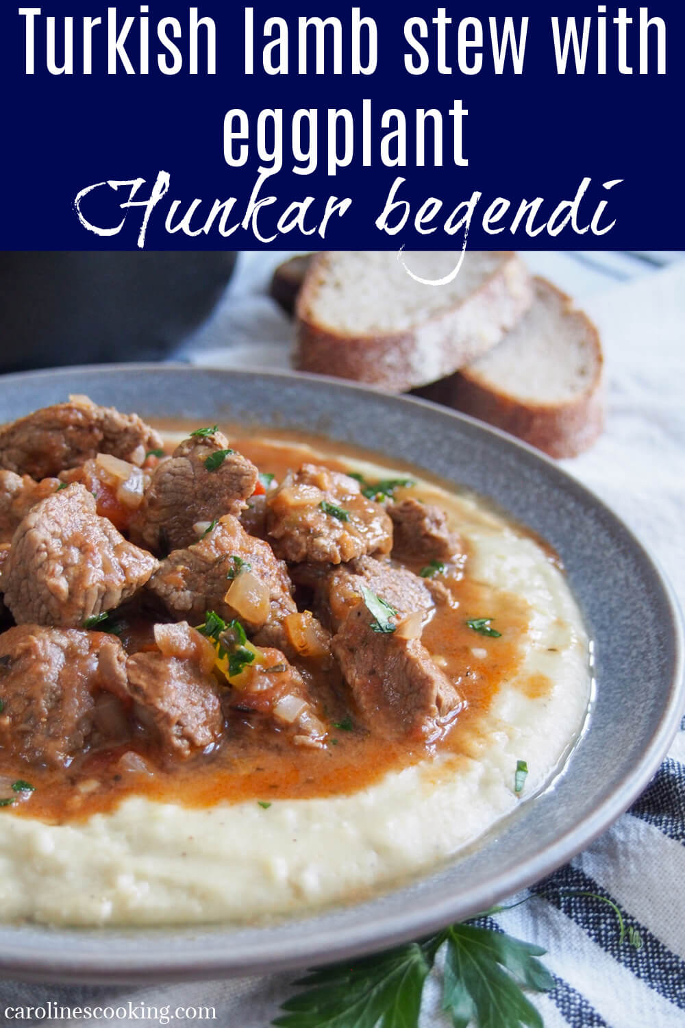 This Turkish lamb stew with eggplant, hunkar begendi, is a wonderful combination of tender lamb in a tomato-based sauce over a bed of creamy eggplant-bechamel sauce. It's comforting and delicious - no wonder it goes by the name "Sultan's delight".
