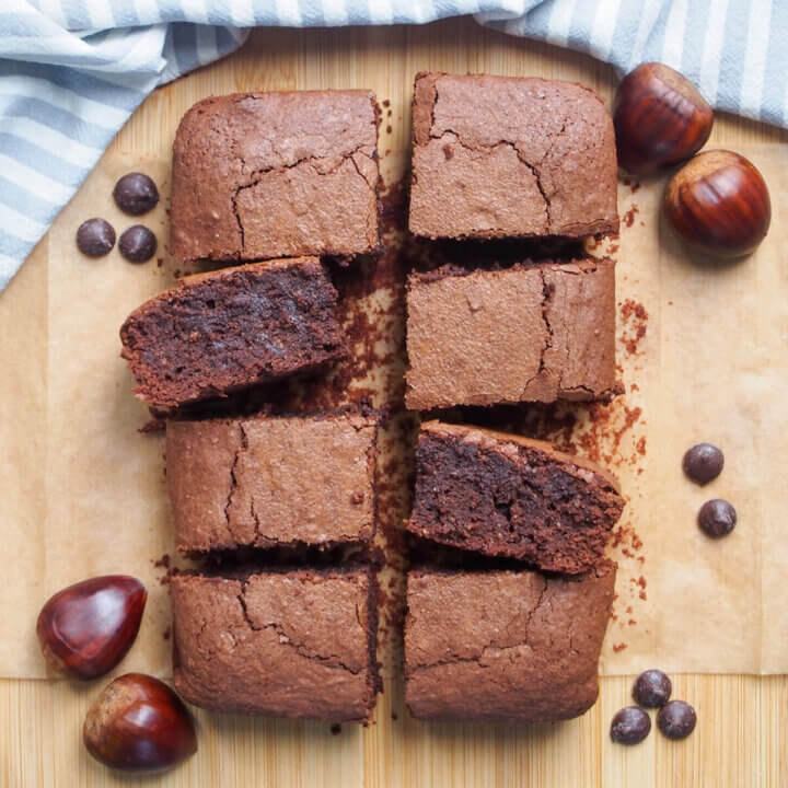 eight chestnut brownies in rows with two turned on sides