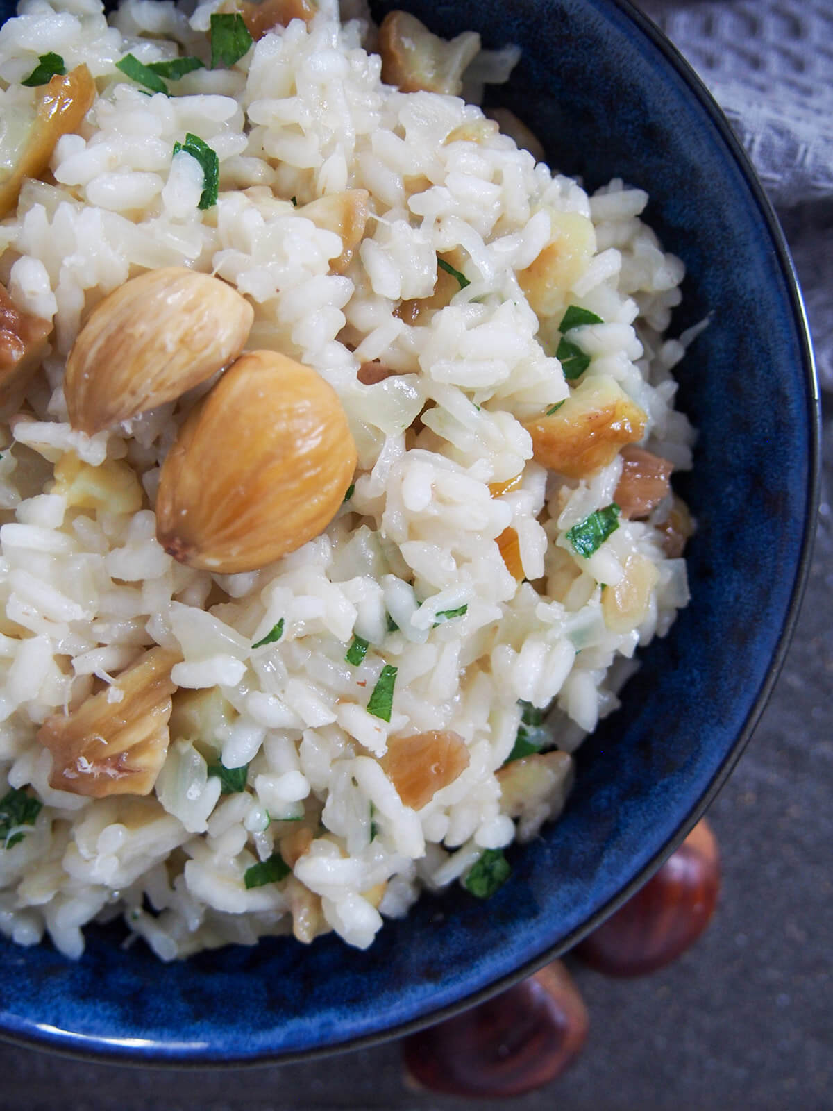 partial view of bowl of chestnut risotto