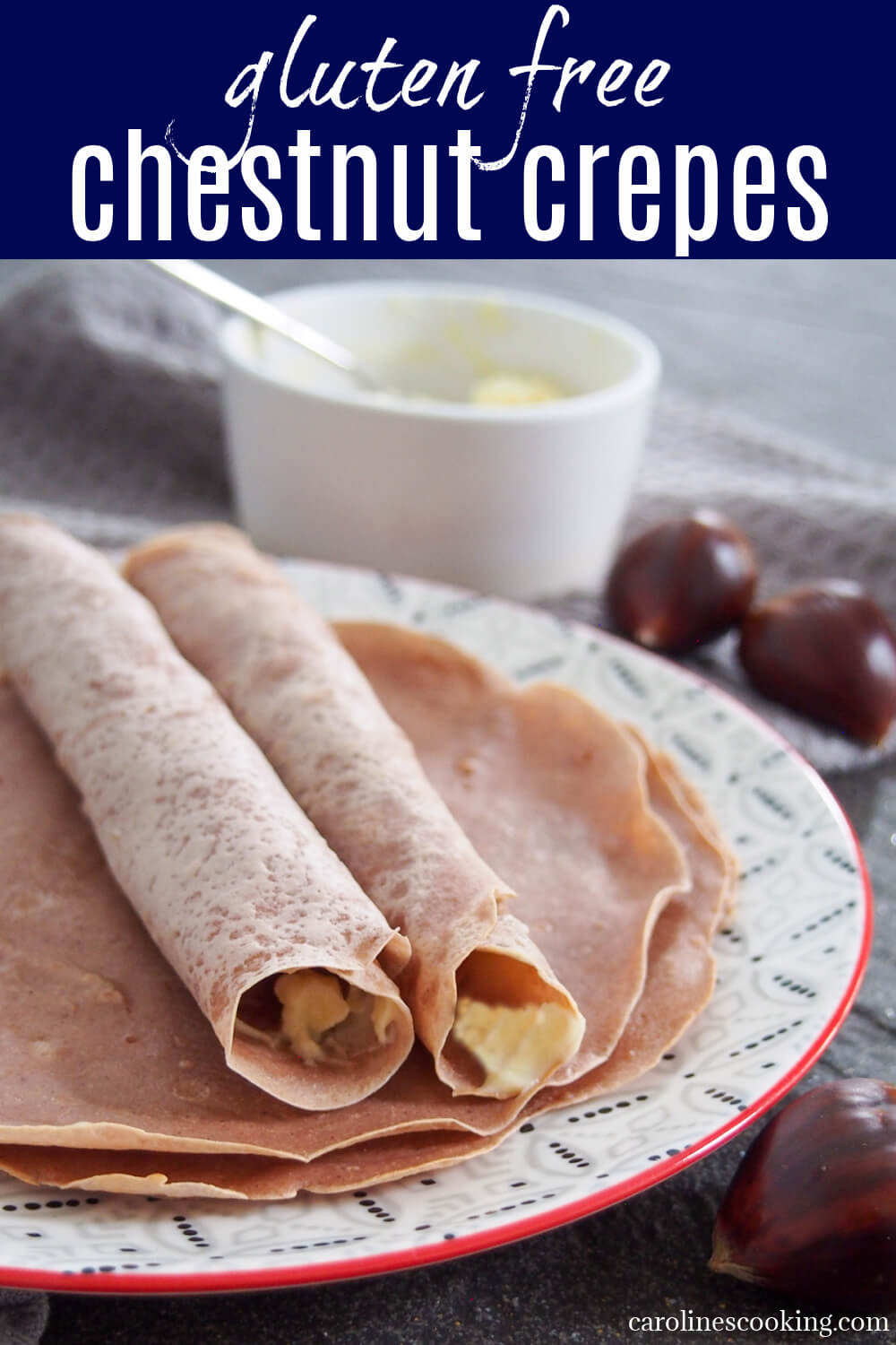 These chestnut crepes or pancakes are easy to make, naturally gluten-free and have a delicious, gently sweet nutty flavor. The sweet and creamy honey mascarpone pairs perfectly to make a tasty snack, breakfast or even dessert.