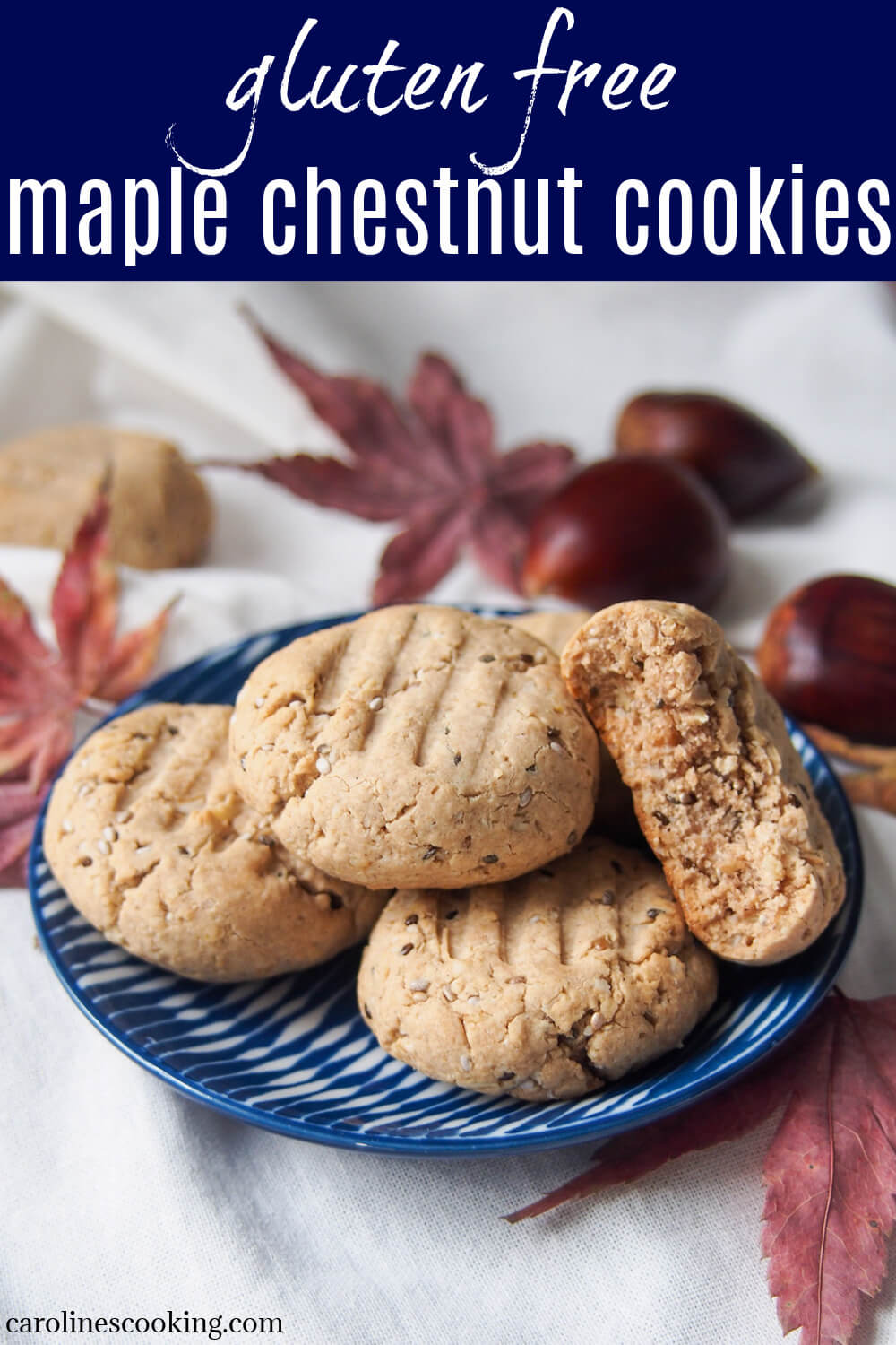 These vegan, gluten free maple chestnut cookies are delicious sweet little bites that are secretly pretty healthy, made with chestnut flour, oats and maple syrup. Great for relatively guilt-free snacking! #chestnutflour #glutenfreecookie