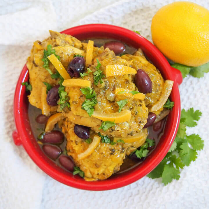bowl of chicken tagine with preserved lemons and olives from overhead