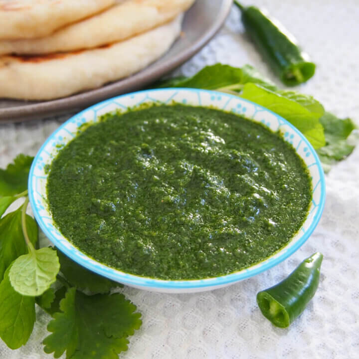 dish of cilantro mint chutney