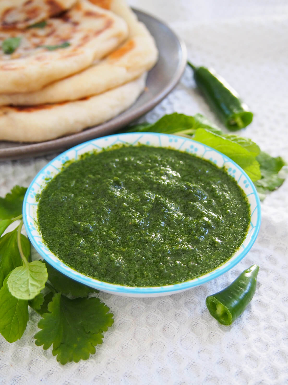 cilantro mint chutney with naan bread behind
