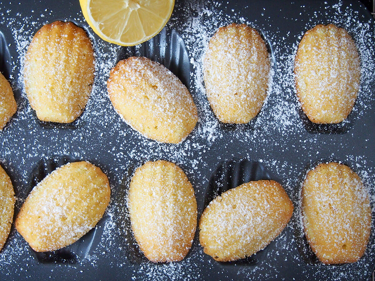 Lemon madeleines are a classic French treat. This small batch recipe makes the perfect amount to enjoy the light, sweet and gently crisp deliciousness at its best. lemon madeleines dusted with powdered sugar in pan