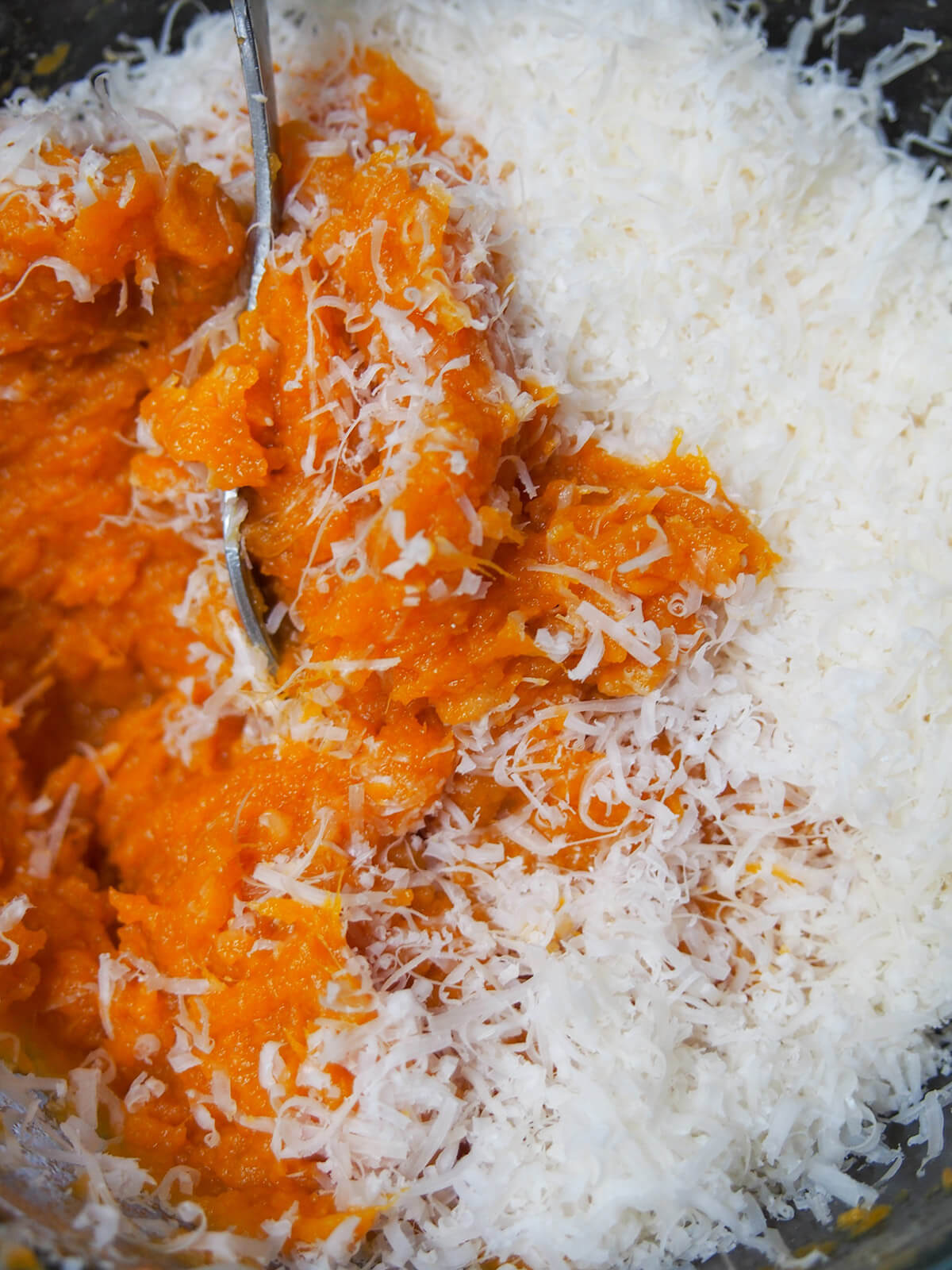 mashed sweet potato and parmesan in bowl