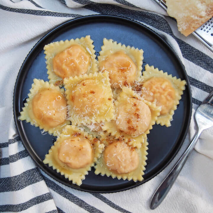 plate of sweet potato ravioli from overhead