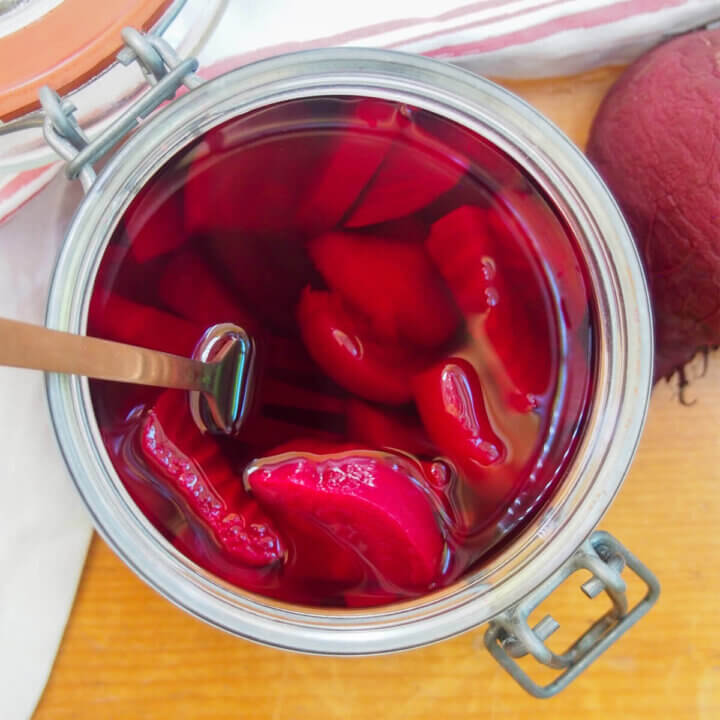viewing jar of Swedish pickled beets from overhead
