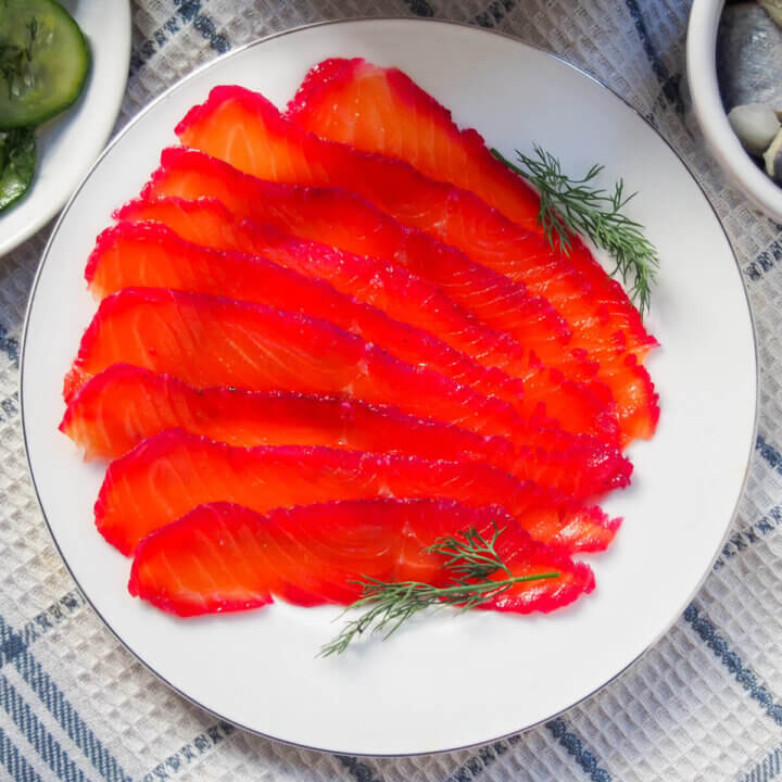plate of beet cured salmon gravlax from overhead