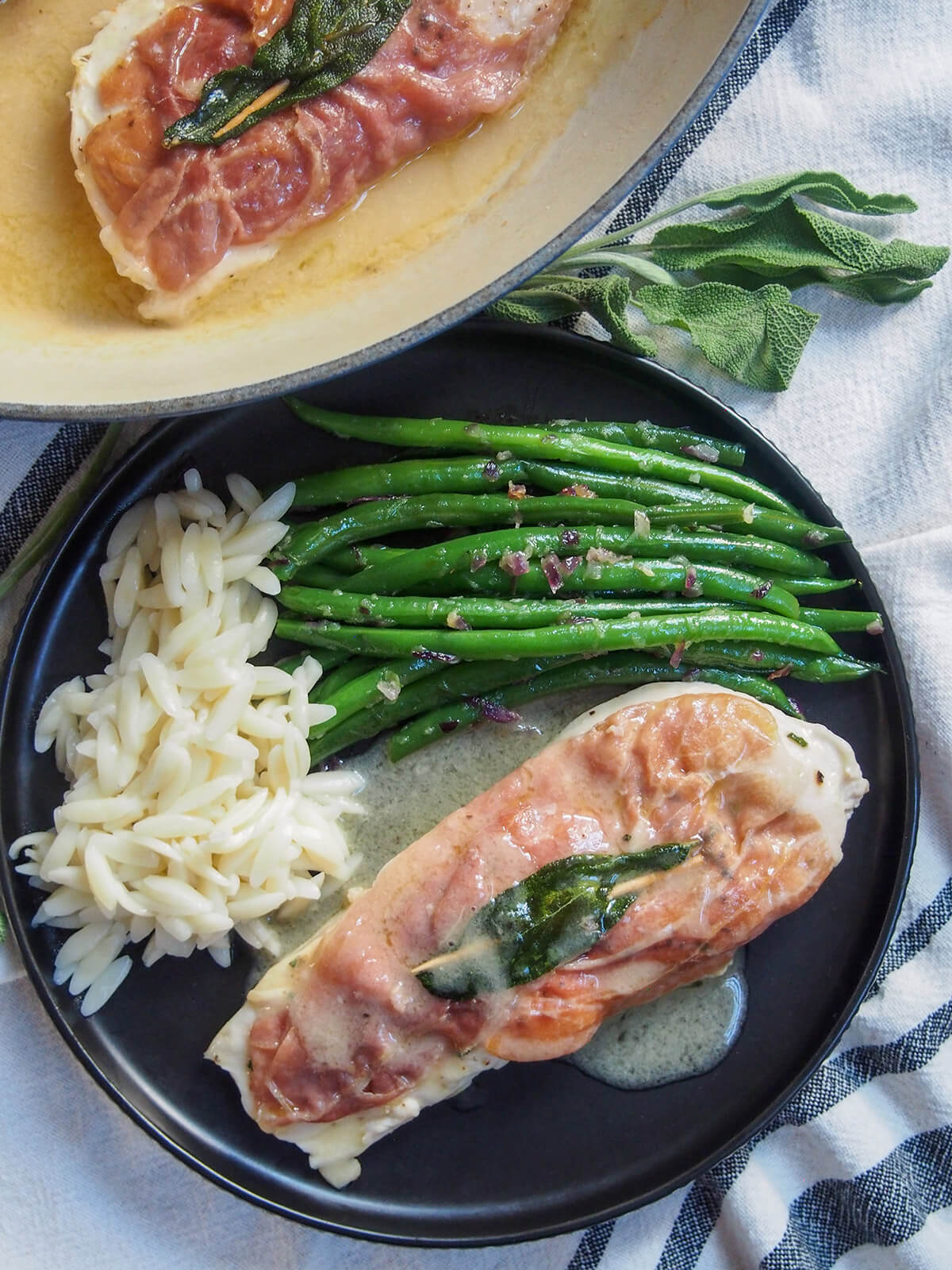 overhead view of plate with chicken saltimbocca, beans and orzo and edge of dish with chicken