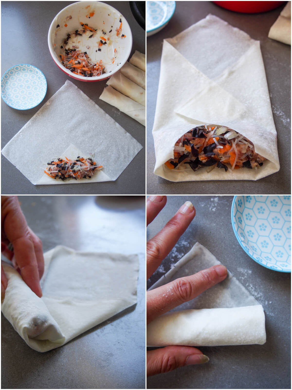 stages adding filling and rolling cha gio