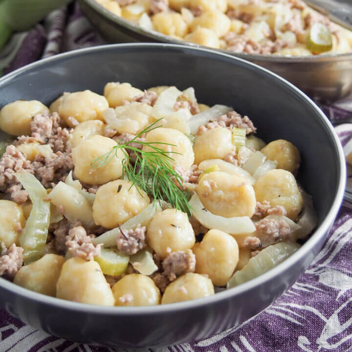 bowl of gnocchi with pork and fennel viewed from side