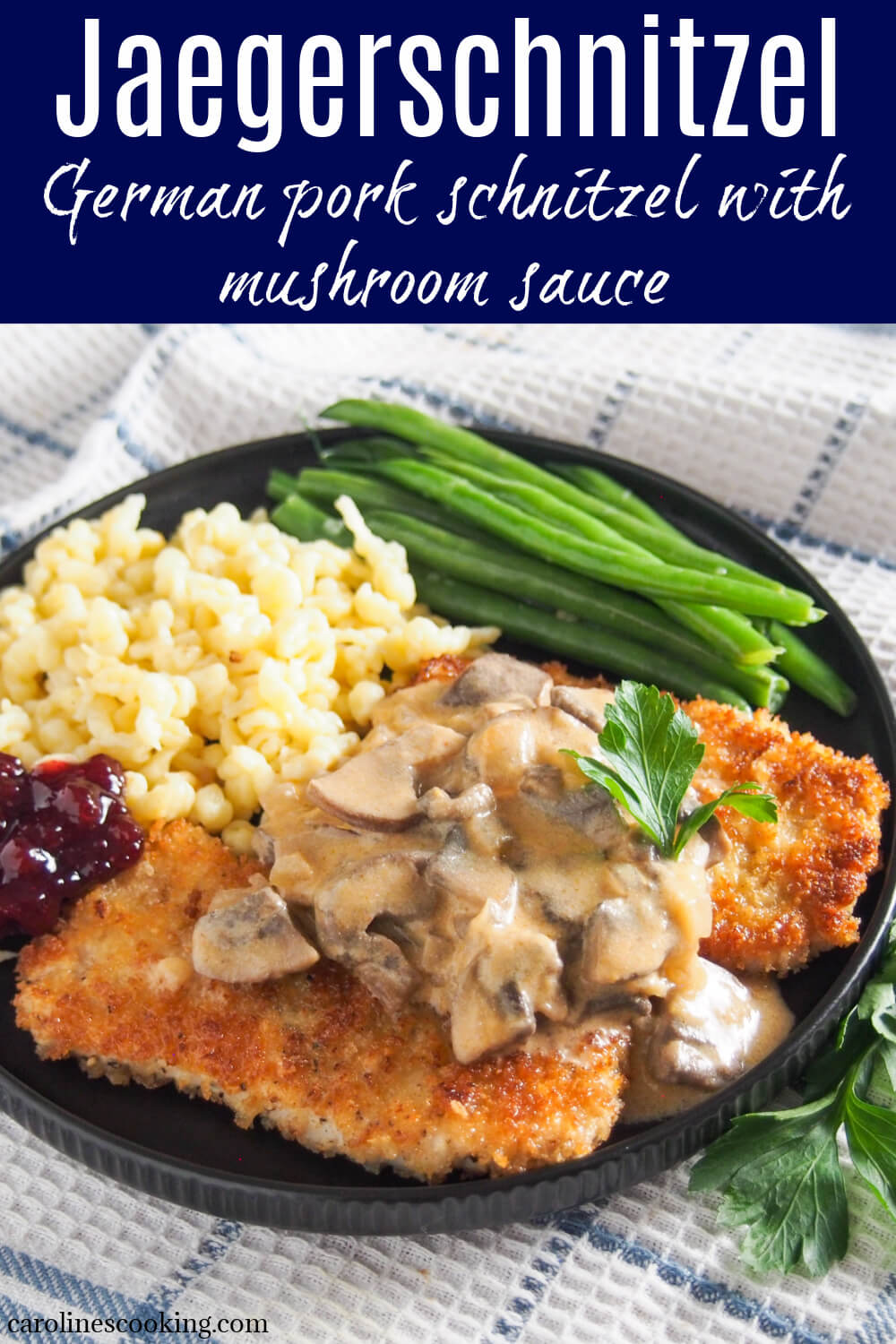Jaegerschnitzel is the German classic 'hunter's cutlet' - a pork schnitzel with a flavorful mushroom sauce. It's comforting deliciousness.