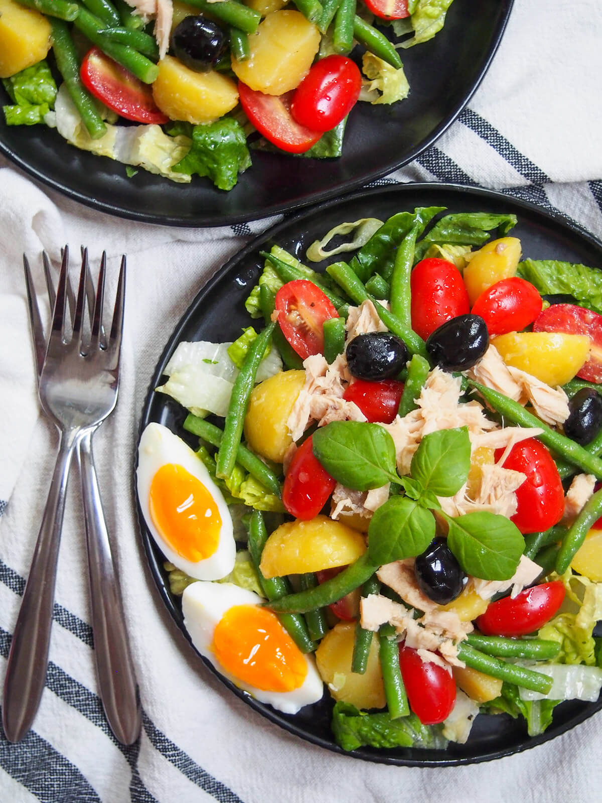 part view of plate of salade Nicoise with forks to side