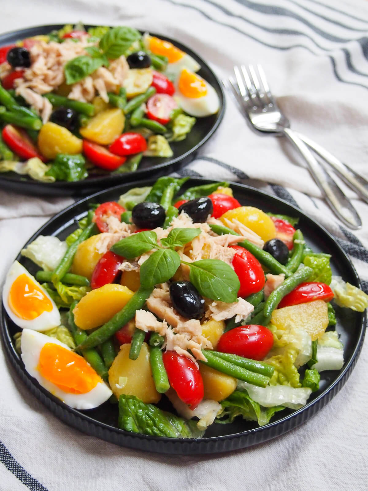 plate of salade Nicoise with part view of second plate behind