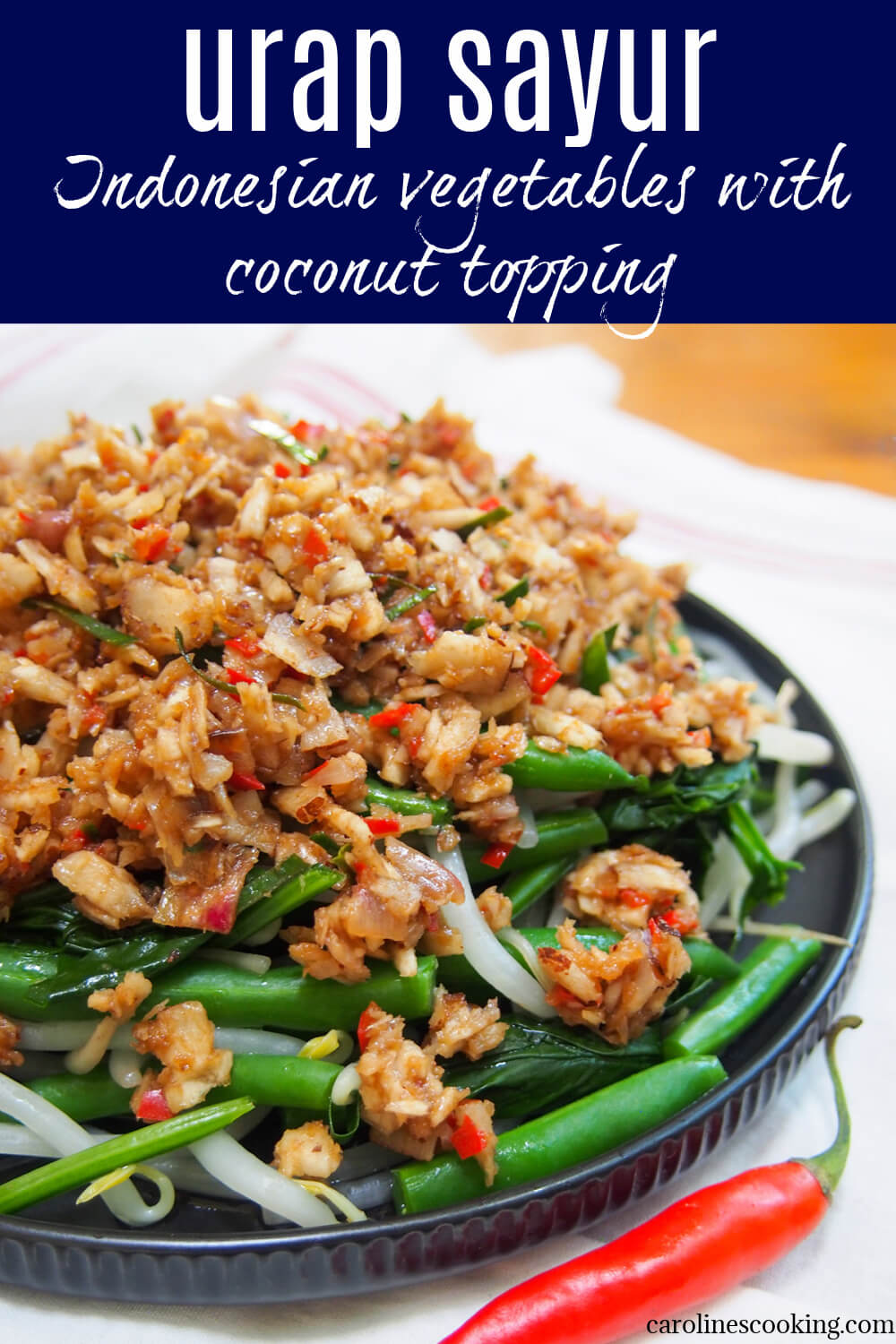 Urap sayur is a popular Indonesian dish combining blanched vegetables with a spiced coconut topping. It's easy to make with a delicious combination of spicy, sweet and sour flavors. Perfect as a side or filled out as a main. Urap sayur is a popular Indonesian dish combining blanched vegetables with a spiced coconut topping. It's easy to make with a delicious combination of spicy, sweet and sour flavors. Perfect as a side or filled out as a main.