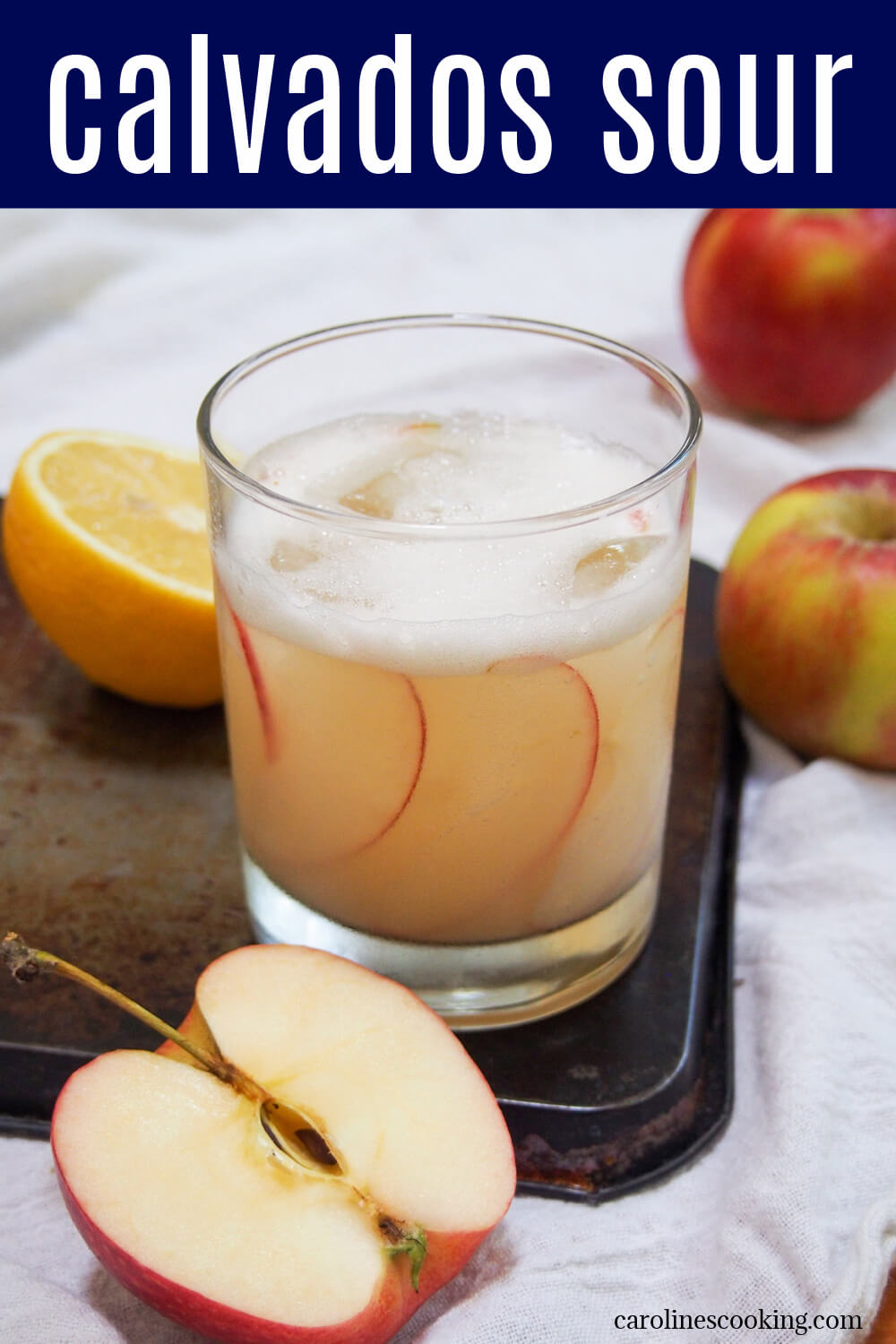 This calvados sour takes the classic, simple tart and strong formula and gives it a fresh, slightly autumnal twist. It has a lovely balance of flavors including apple and a little spice. It also lends itself to further tweaks for an even more seasonal sip.