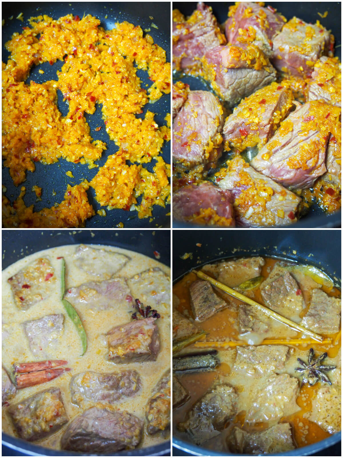 stages in making beef rendang - cooking spice paste, adding meat, add coconut milk and after covered simmer
