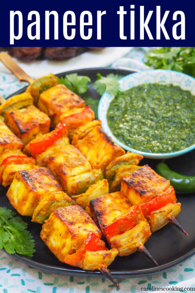 Paneer tikka are a bright and tasty vegetarian appetizer or snack, combining chunks of mild cheese and vegetables with a spiced marinade. They're really easy to make and perfect for entertaining or any excuse.