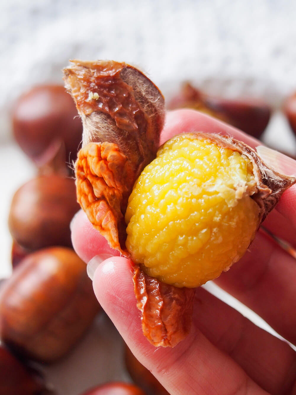 peeling skin from chestnut