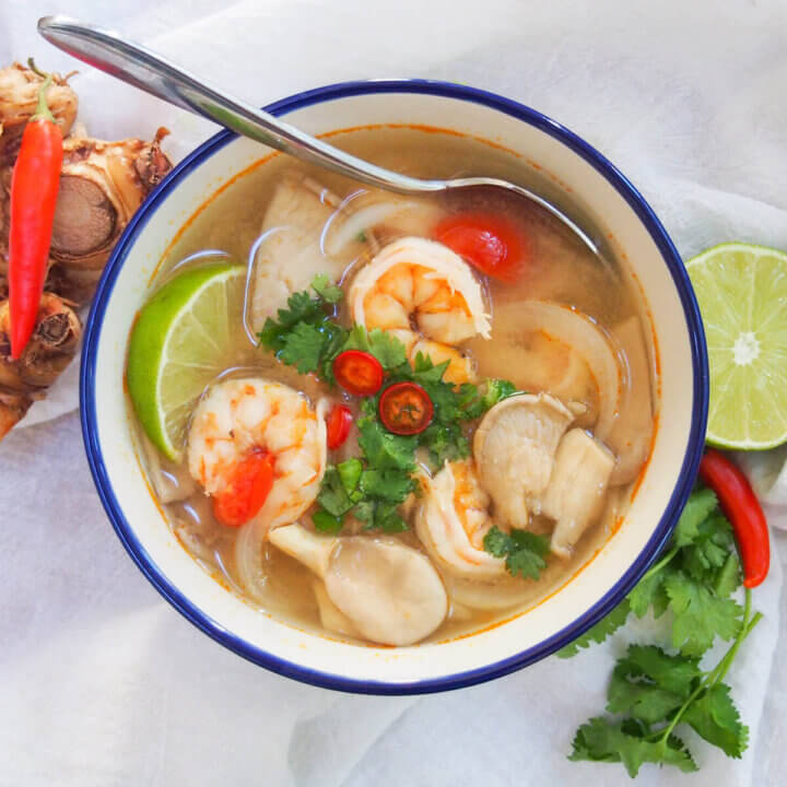 bowl of tom yum soup from overhead