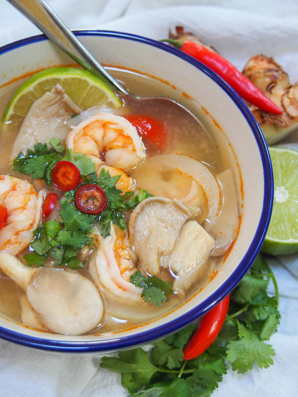 side partial view of bowl of tom yum soup