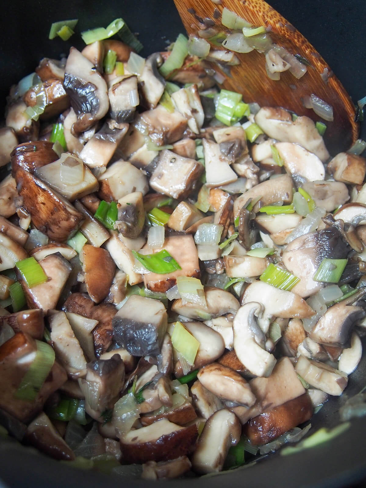 wilted down mushrooms for wild mushroom soup wilted down mushrooms, leek and onion