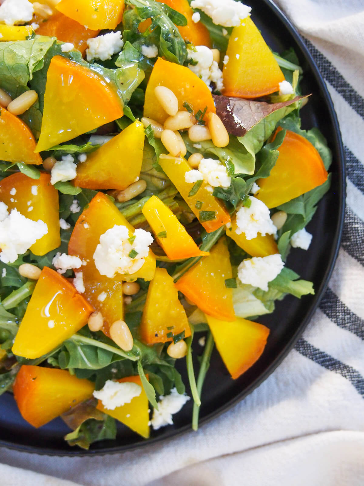 roasted golden beet salad from overhead