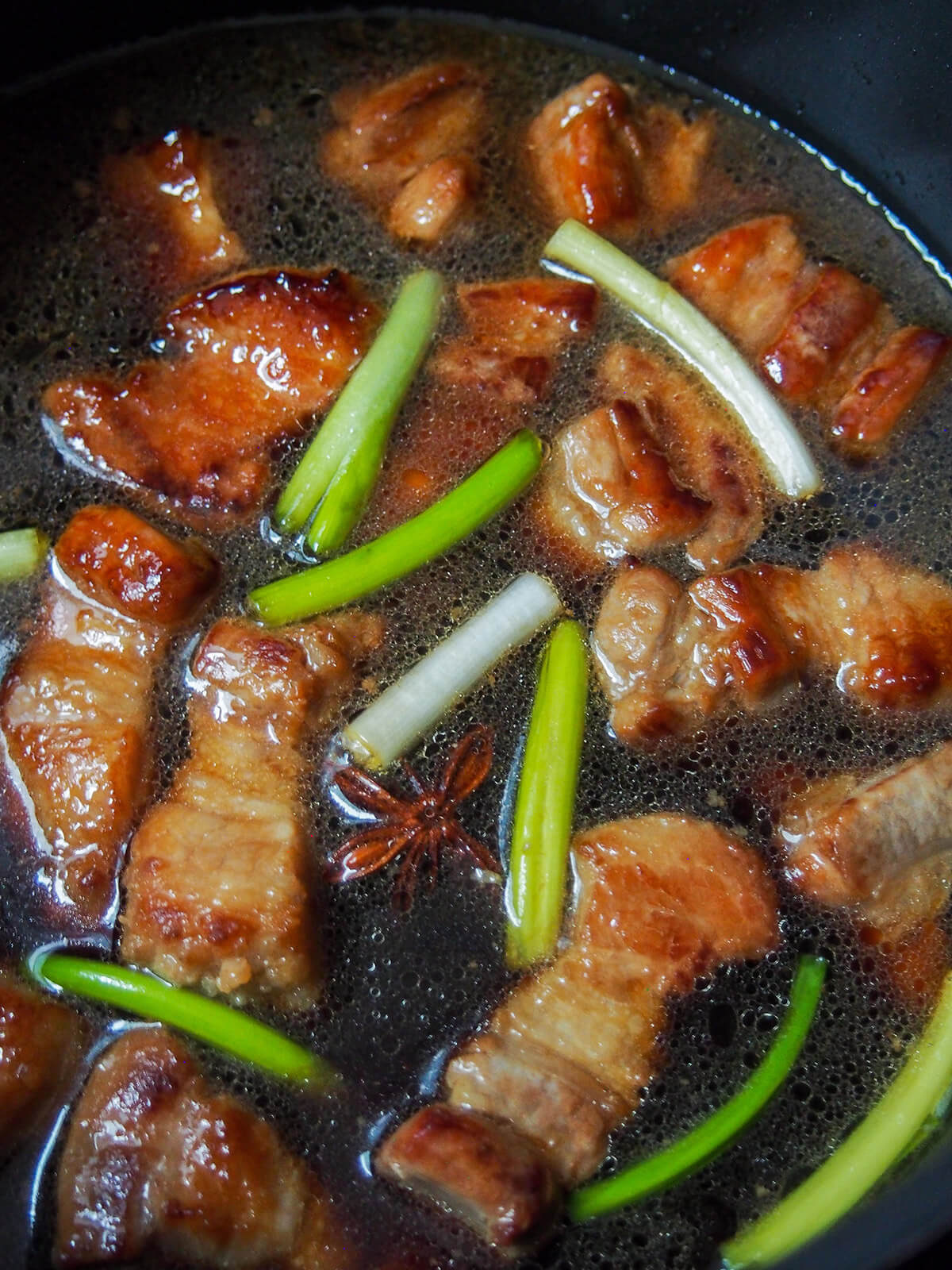 pieces of pork belly in braising liquid with pieces of green onion and star anise showing on top