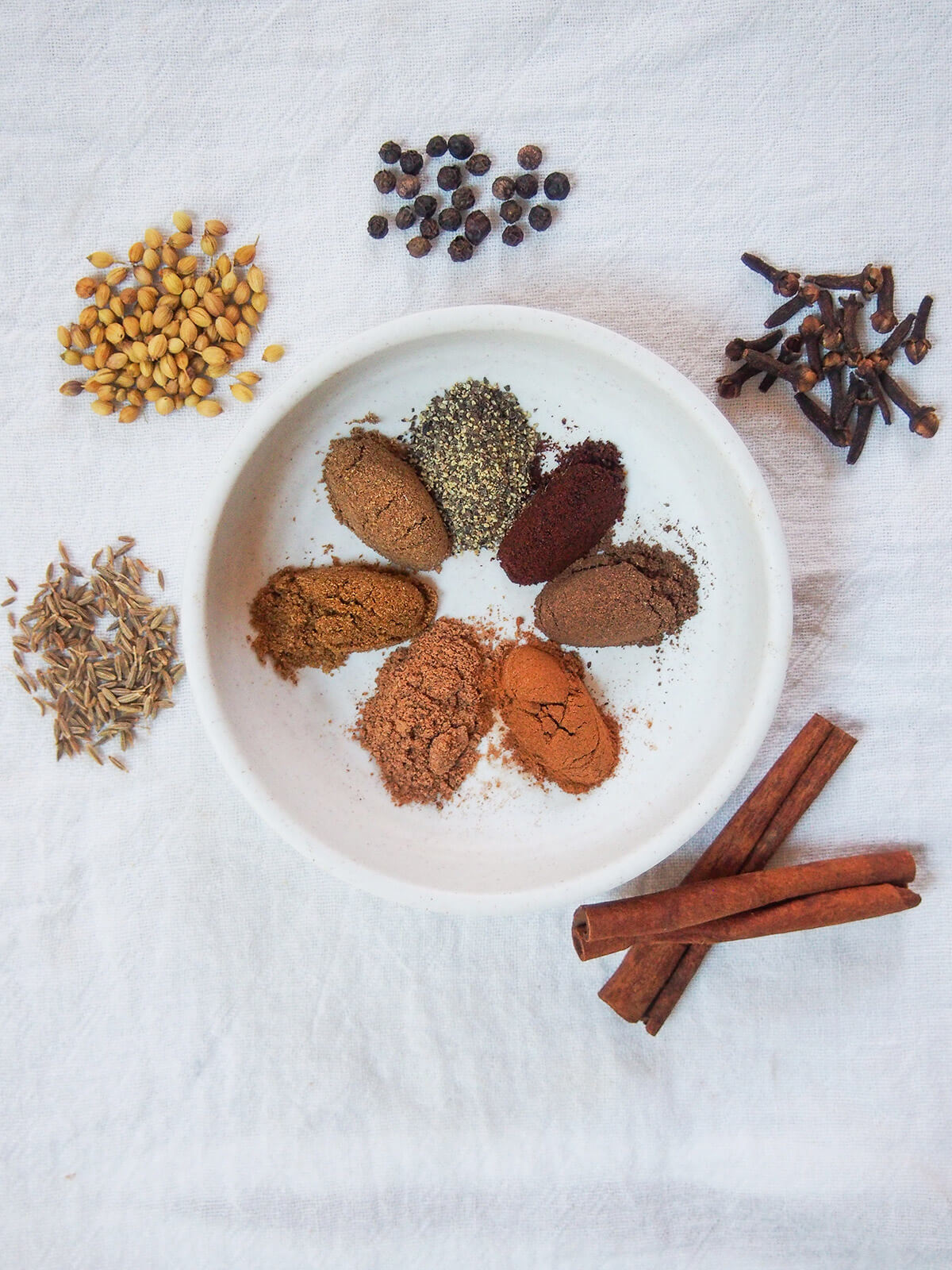 plate with stacks of spices to make Lebanese baharat