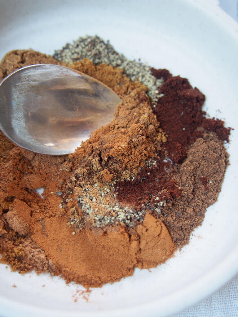 close view of blending together spices with spoon