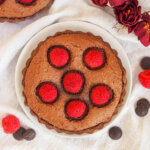 chocolate almond tart with raspberry from overhead