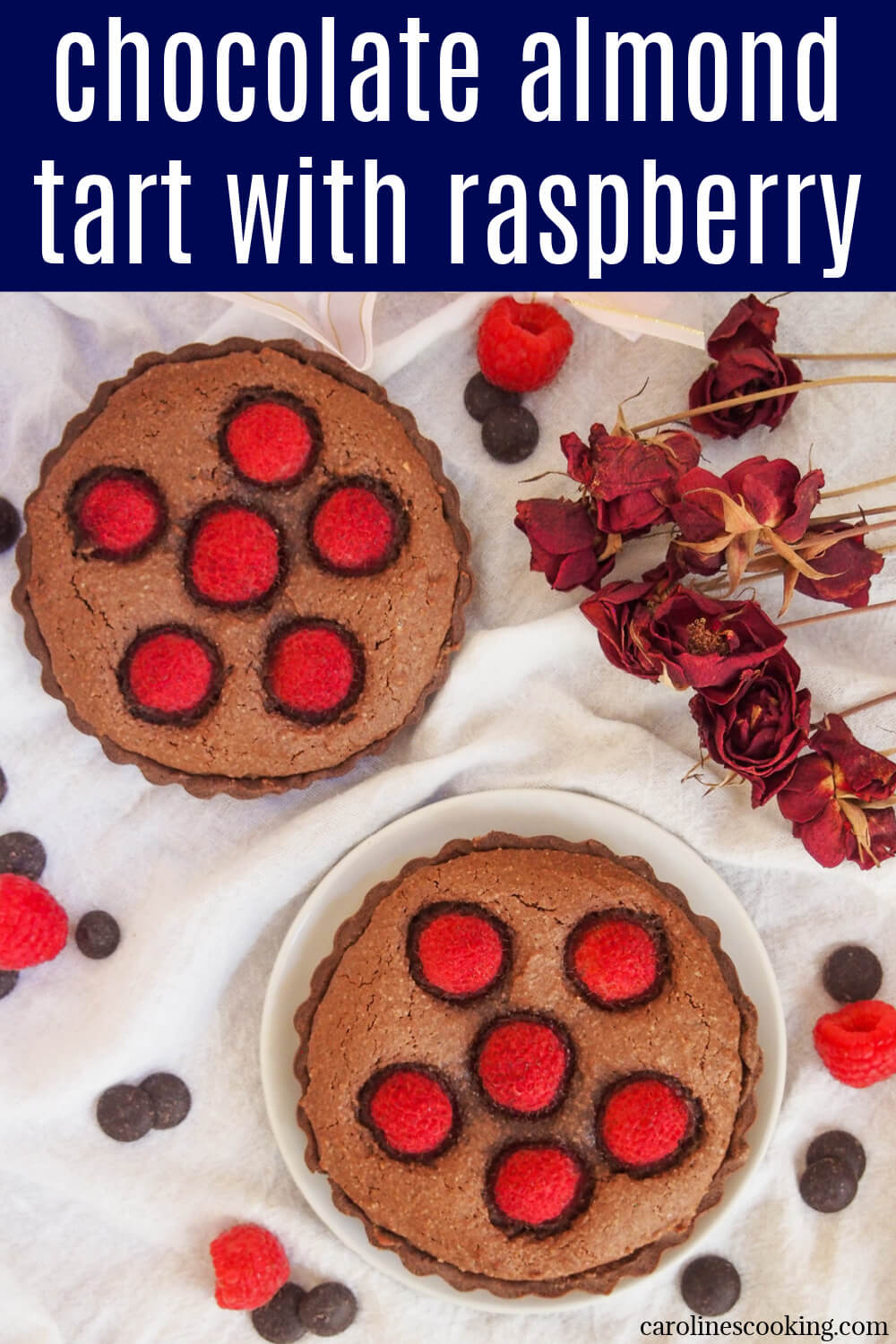 This individual chocolate almond tart with raspberry is both pretty and thoroughly delicious. It has a crisp pastry base and soft chocolate frangipane filling that pairs so well with the raspberries nestled inside. Elegant, delicious and easier than you might think, too.