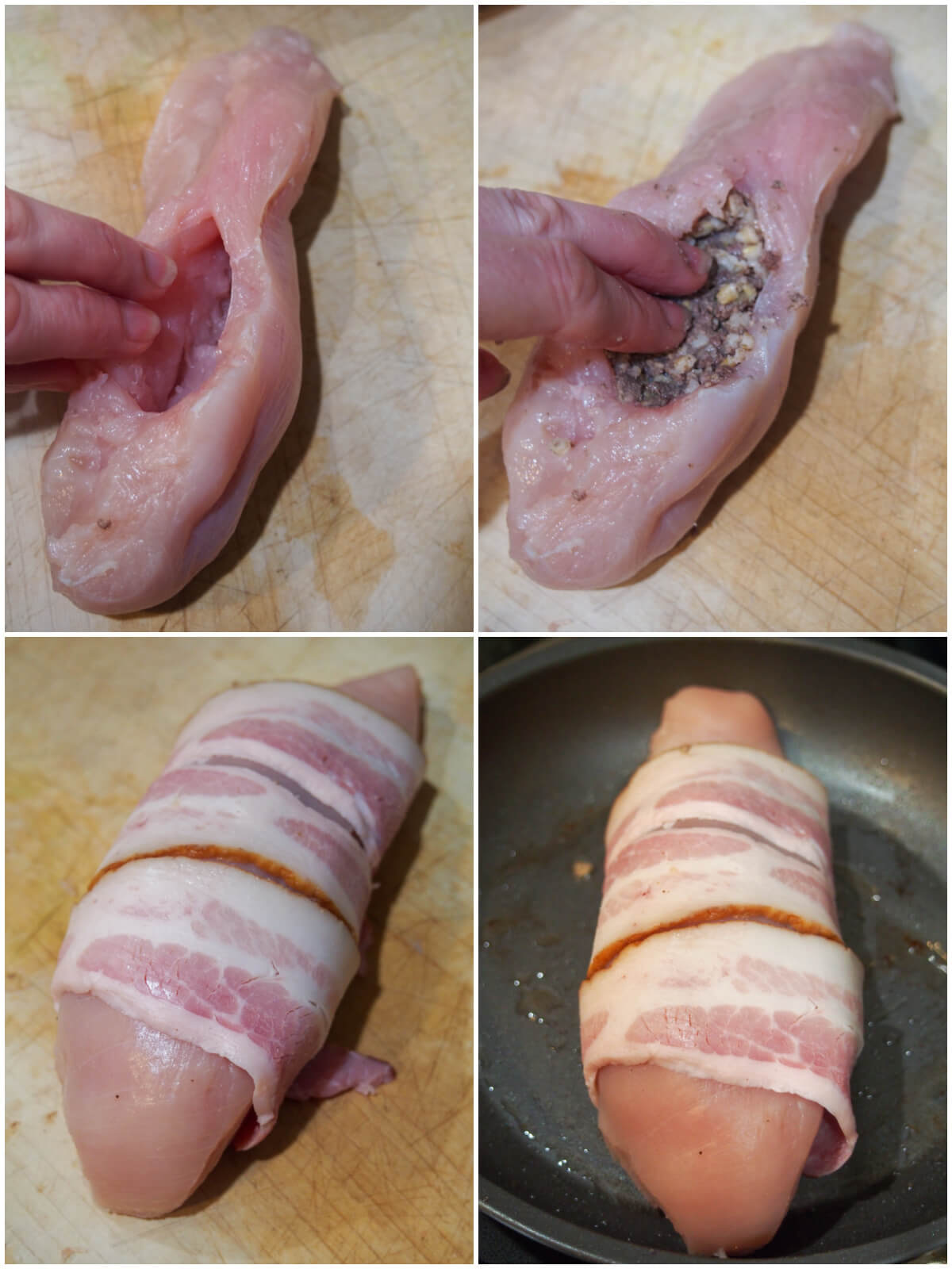 stages making pocket in chicken breast, stuffing, wrapping and searing