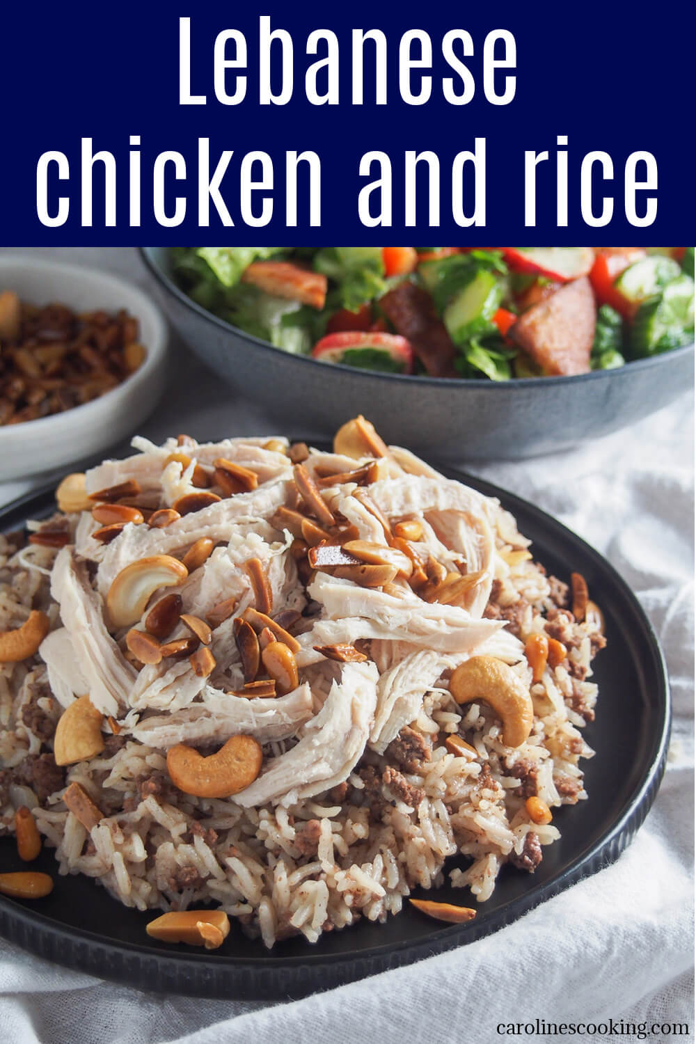 Lebanese chicken and rice is a delicious combination of luscious rice cooked with ground meat and spices, shredded chicken and toasted nuts. All come together to make a dish packed with great flavors and textures. Best of all, while it might seem fancy, it's a lot easier than you might think, and can be made partly ahead of time. A wonderful meal any time!